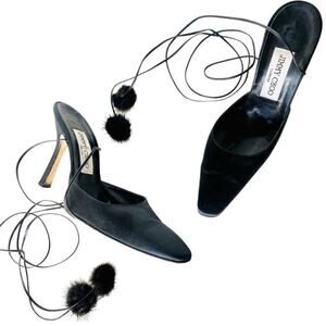 JIMMY CHOO Classic Black Pointy Toe Open Fur Pom Tie Wrap Heeled Mules Shoes 36